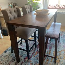 High Top Table with 2 New Stools and Matching Bench