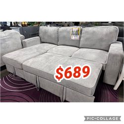 Gray L Shaped Linen Fabric Sectional Sleeper Sofa With Pull Out Bed 92 1/2"L X 60 1/2"W X 37"H