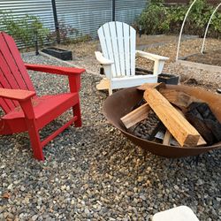HUGE Corten Steel Fire Pit Bowl and 4 Polywood Adirondack Chairs 