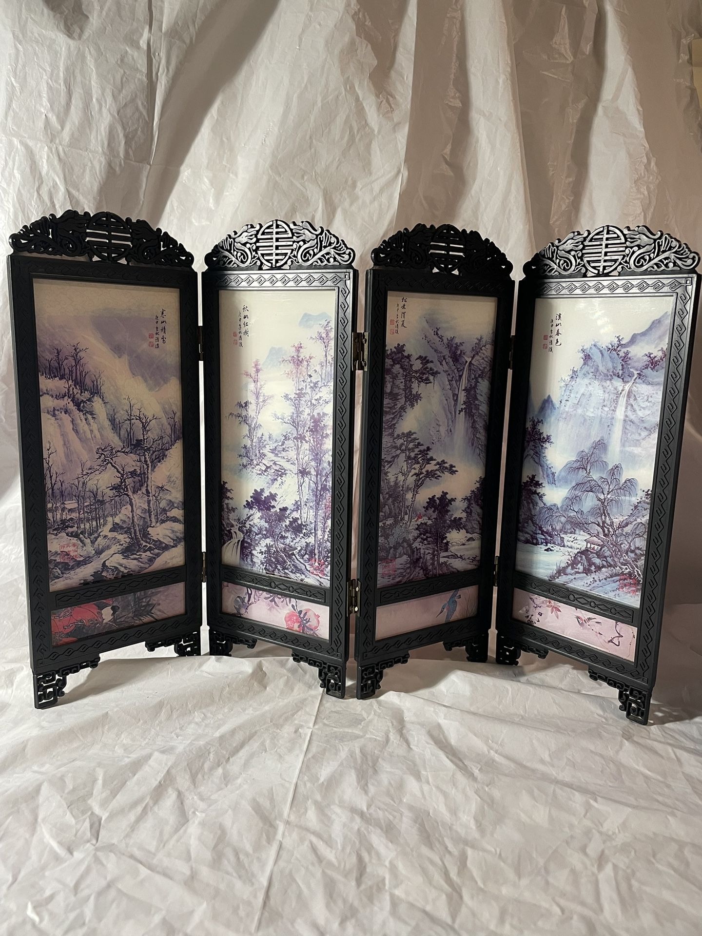 Vintage MINIATURE Asian 4-Panel Folding Screen