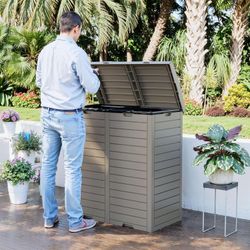 62 Gallon Outdoor Garbage Trash Can, Waterproof Resin Double Lid Drip Tray, Outside Trash Bin for Hideaway Patio Waste, Kitchen, Backyard, Deck, Pool 