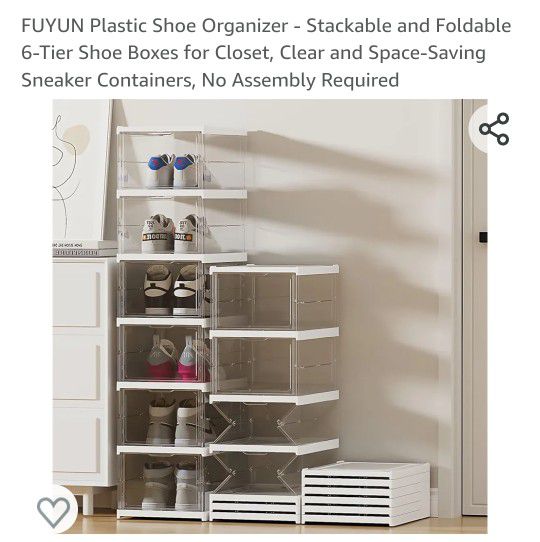 FUYUN Plastic Shoe Organizer - Stackable and Foldable 6-Tier Shoe Boxes for Closet, Clear and Space-Saving Sneaker Containers, No Assembly Required