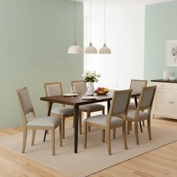 Homy Casa Stan 7PC Dining Set 63” Brown Table with 6 Siget Upholstered Solid Wood Chairs