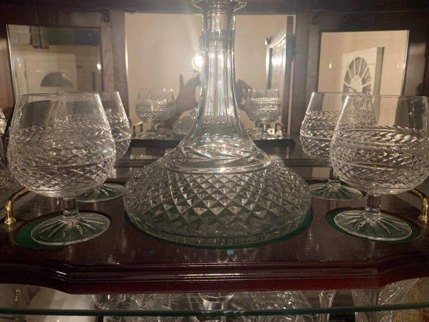 Irish Galway Crystal Ships Decanter  4 Galway Brandy Glasses On A Tray