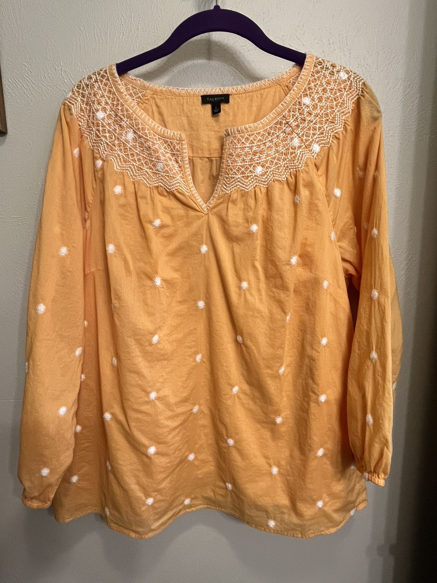 Talbots Women’s Orange Peasant Style Blouse With Embroidered Neckline And Polka Dots Size L