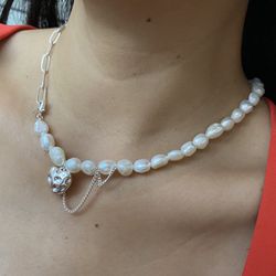925 Silver Heart pearl necklace,Heart pearl choker,Pearl necklace,Chunky Necklace