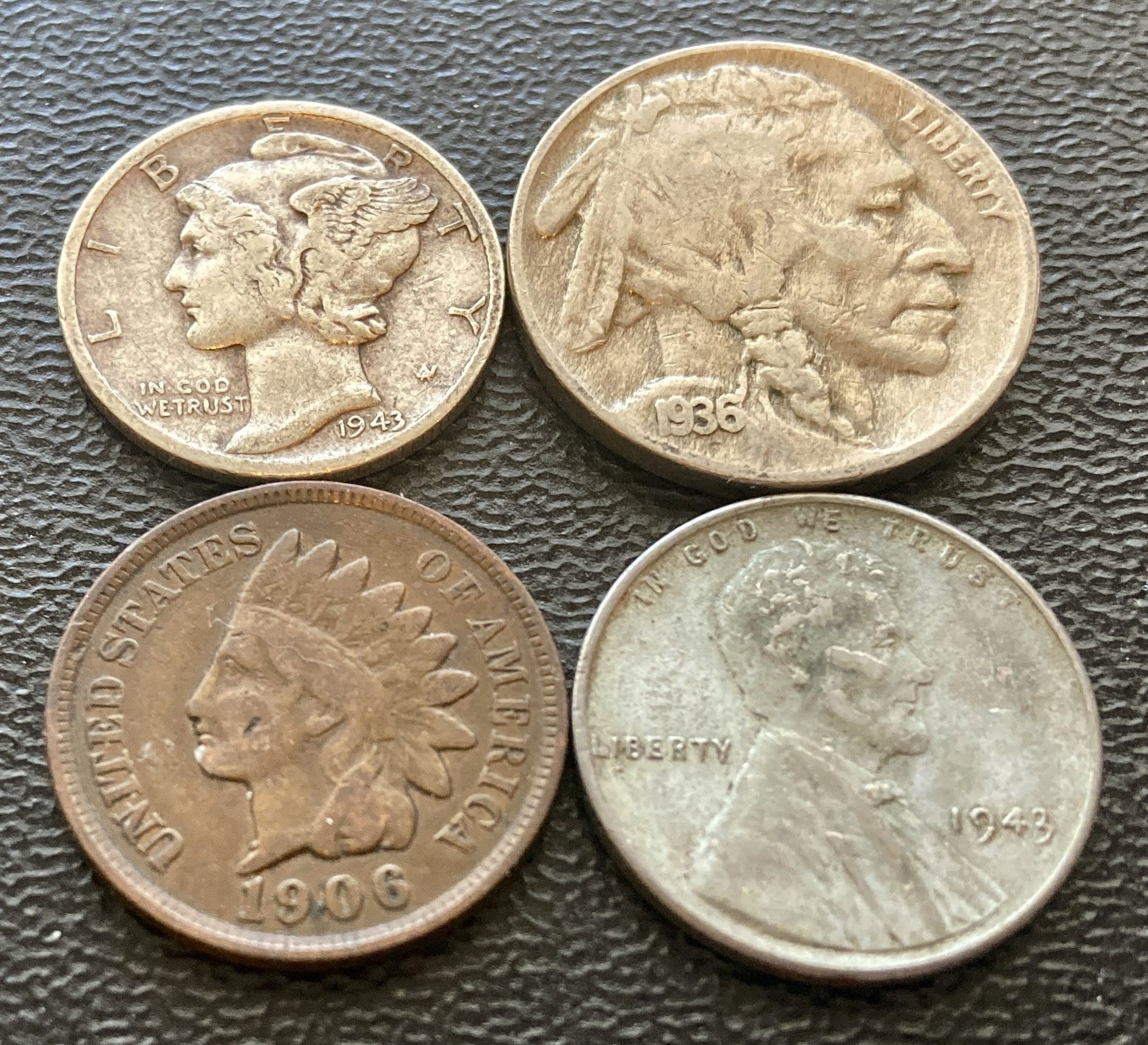 Indian Head Penny Buffalo Nickel 1943 Steel Cent Mercury Dime Four (4) Coin Set Collection Coins