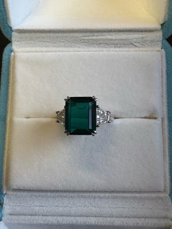 Lab emerald & moissanite silver ring