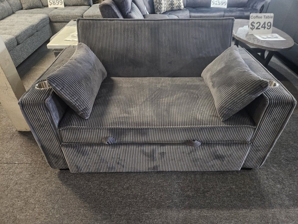 Brand New Dark Gray Corduroy Twin Sofa Bed (Pull-Out: 59" x 61" / 70" x 33" / 26" H)