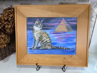 Original "Egyptian Mau" Cat Acrylic Painting by Judy Bess Schoenfeld, Framed Vintage Cat Art
