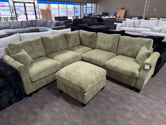 Green Corduroy Sectional Sofa with Ottoman