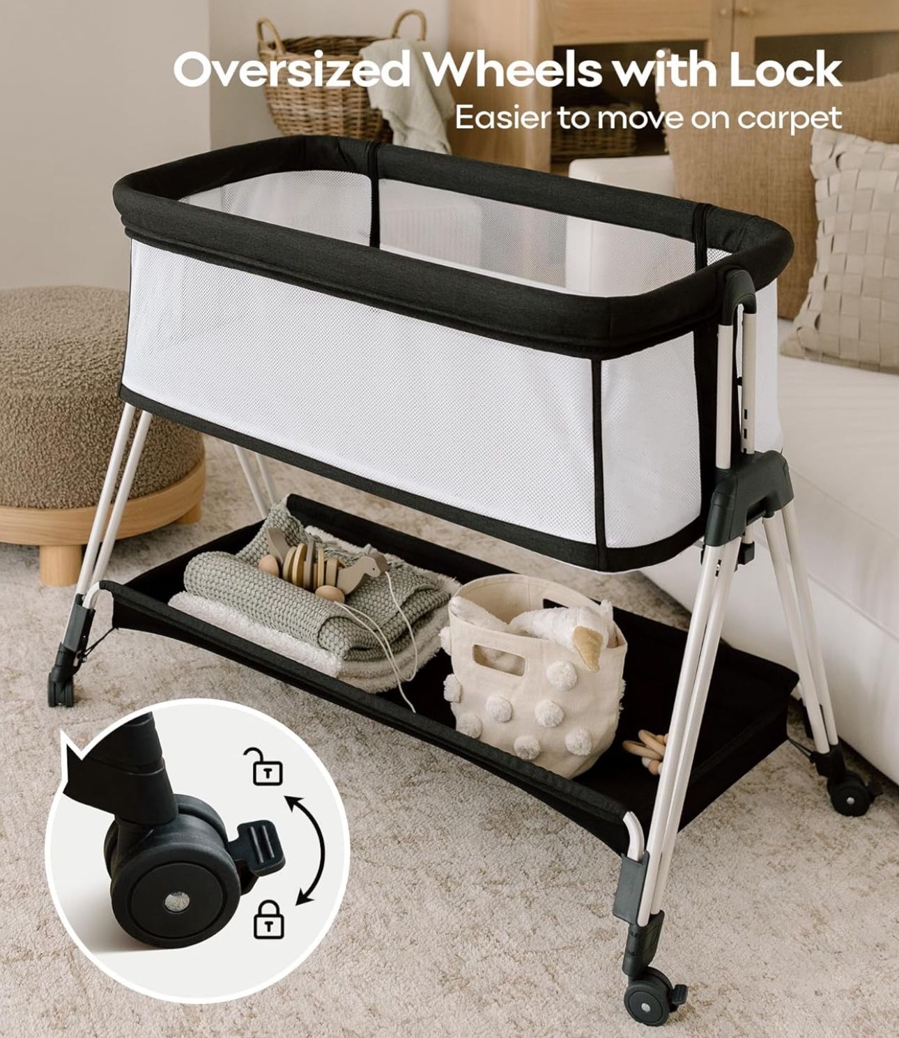 Baby Bassinet Bedside Sleeper with Wheels and Storage Tray, for Infant/Newborn