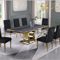 78” Marvelous Marble Top And Stainless Steel Gold Base Dinning Set 7 Pcs. 