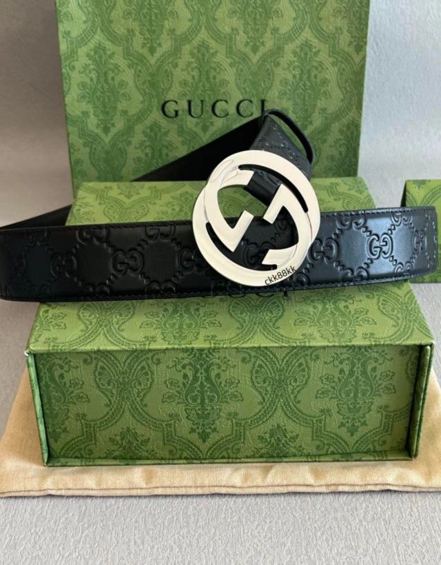 GG Men's Embossed Black Silver Buckle Belt Width 4cm