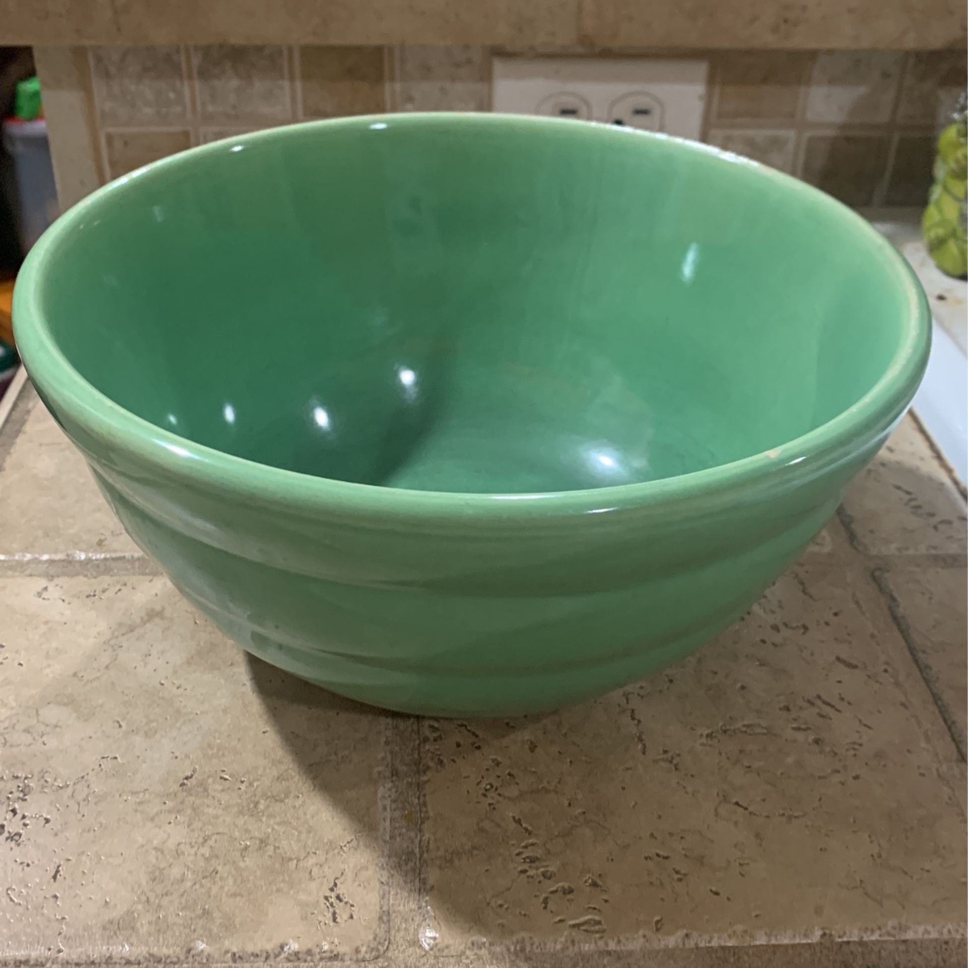Bauer USA Green # 12 Beehive Mixing Bowl, Vintage Bauer 12 Mixing Bowl USA Pottery Green Marbled Glaze Ribbed