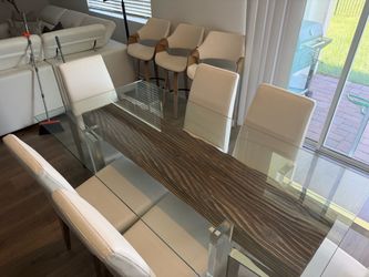 Modern Glass Top Dining Table with Wood Base and 6 Chairs