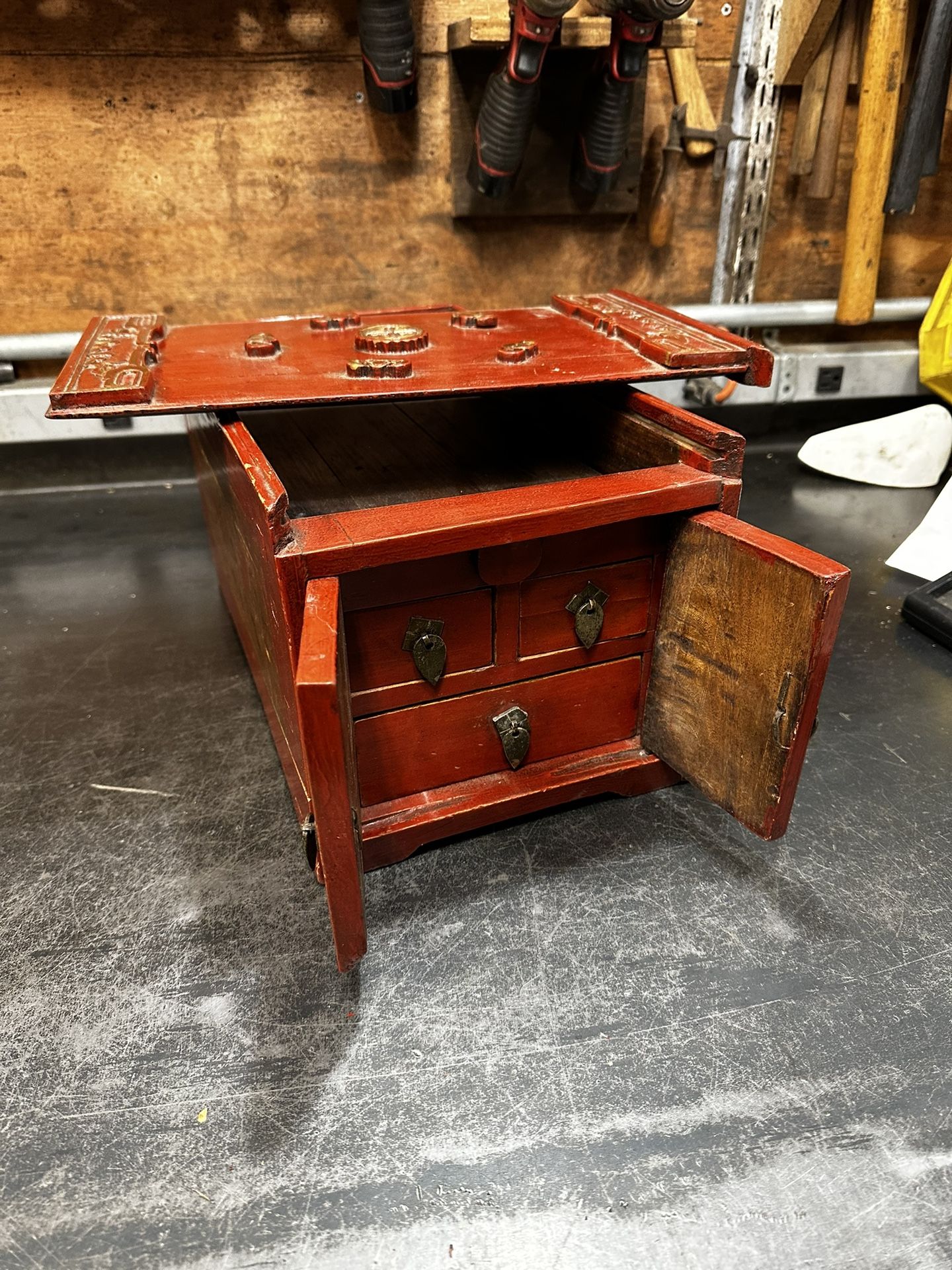 Antique Chinese Scholars Calligraphy Travel Desk Wooden Box Qing Dynasty