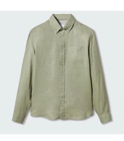 Mango Mens Green Linen Button-Down Shirt