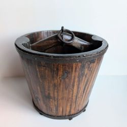 Antique Heavy Chinese Wooden Rice or Water Bucket Primitive Folk Art