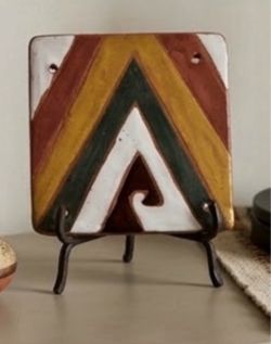 Handcrafted Paraguayan One Ceramic Tile - Signed Geometric Wall Dec 4.5" x 4.5”