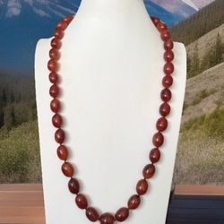 Vintage & Hand Knotted Cherry Amber Bakelite Necklace With Nice Veins 25”inch & 62grams.