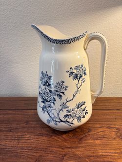 Antique Boch Freres Doucelle Blue White Transferware Pitcher Belgium 10”