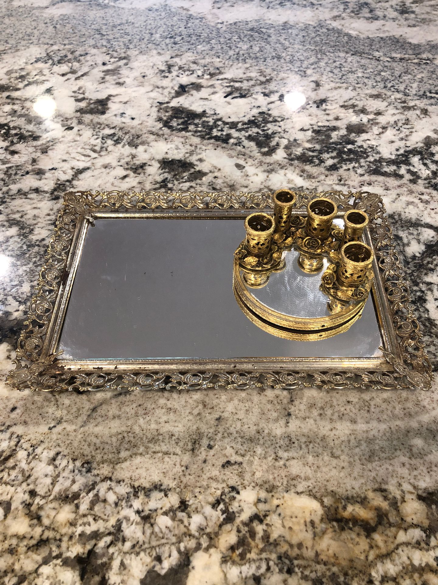 Antique Vanity Mirror/Tray & Gold Lipstick Perfume Tray
