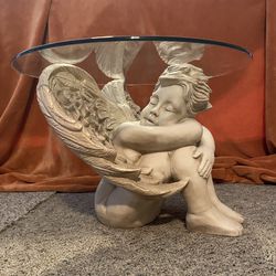 Plaster Cherub End Table With Glass Top