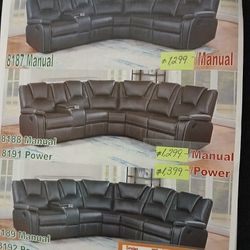 NEW SECTIONAL FAUX LEATHER (BLACK, GRAY AND BROWN) WITH CONSOLE AND CUP HOLDERS. MANUAL $1,299/ POWER $1,399