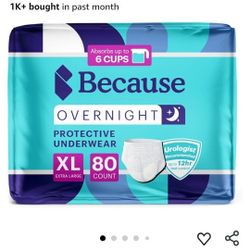 Because Overnight Absorbency Pull Ups - Adult Disposable Incontinence Underwear, Extra Absorbent Nighttime Briefs for Men and Women, White, XLarge, 80