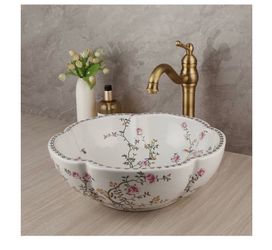 MEKKHALA 16" White Flower Bird Vessel Sink Set Round