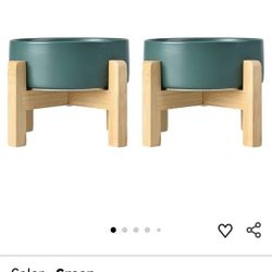 SPUNKYJUNKY Ceramic Elevated Dog Bowls 2 Pack - 6.1inch Raised Dog Bowls with Non-Slip Wooden Stand for Medium Dogs Dishwasher Safe(Green,28.7OZ*2)