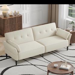 89” Futon Sofa Bed, Linen Comfy Futon Couch Bed with 2 Square Pillows