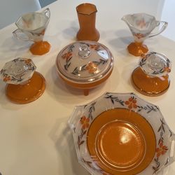 Art Deco Set Indiana Glass Hand painted Octagonal 