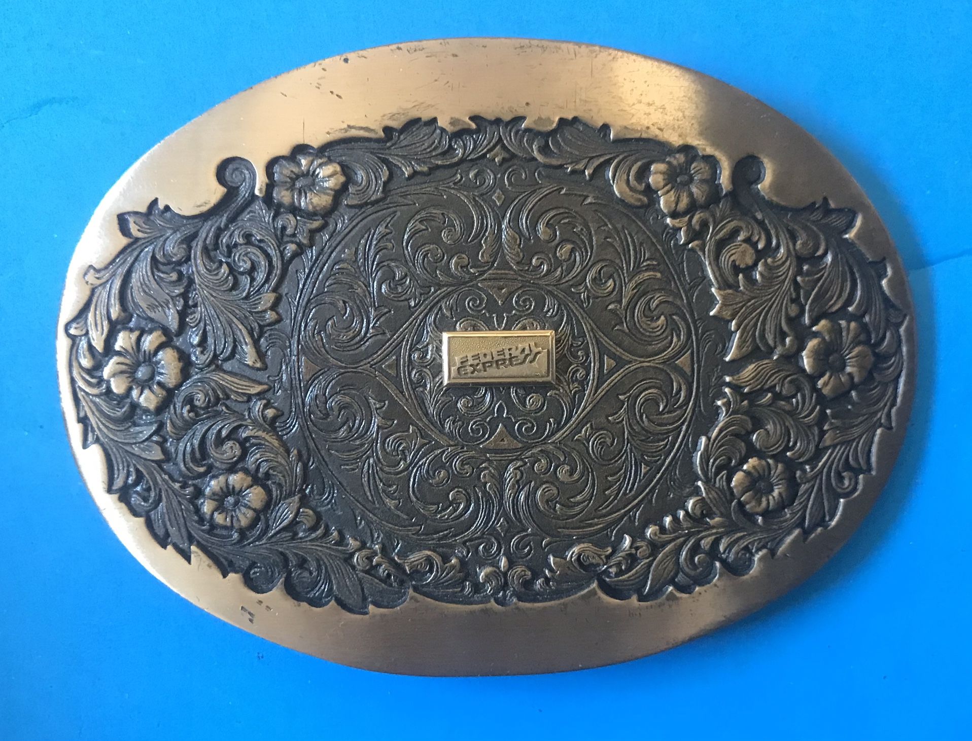 Vintage rare NICE 1981 Octanner Solid Brass Buckle 4 X2.75" w/ Fedex emblem