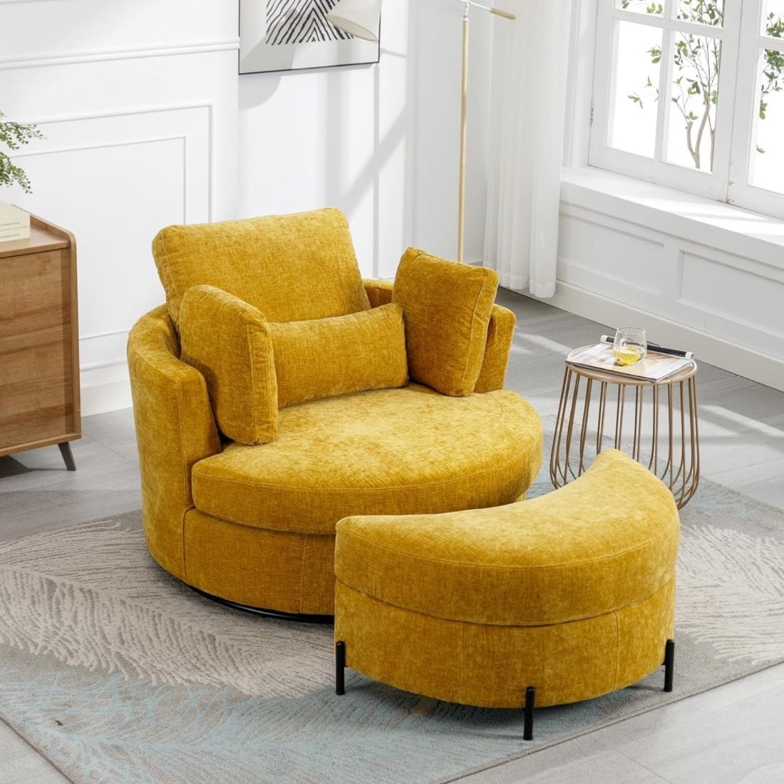 42” Yellow  Chenille Barrel Swivel Sofa & Storage Ottoman  [NEW IN BOX] **Retails For $800