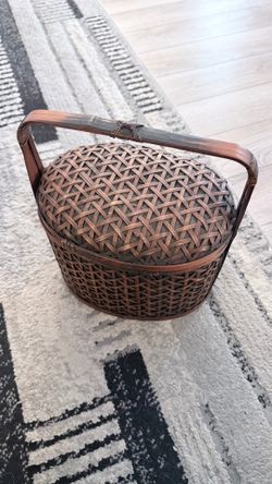 Japanese rattan bamboo wedding basket, 11 inches tall, with intricate woven pattern.
