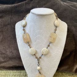 Earth-Tone Beaded Necklace w/ Polished Stone Pendant 