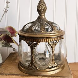 Vintage hand blown convex bubble glass and brass lidded box.