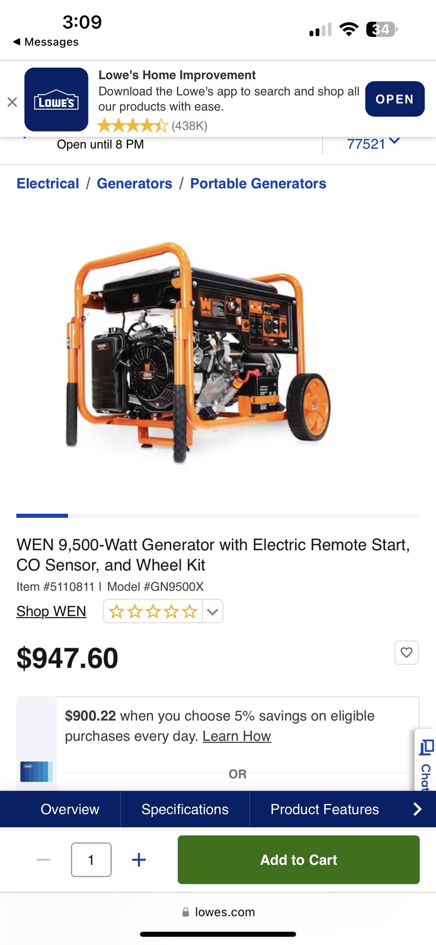 WEN 9,500-Watt Generator