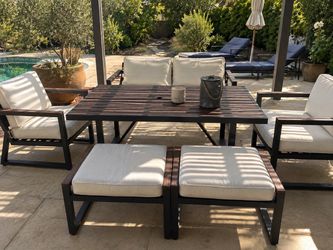 Modern Outdoor Patio Dining & Lounge Set – Table, Chairs, Loveseat + Ottomans