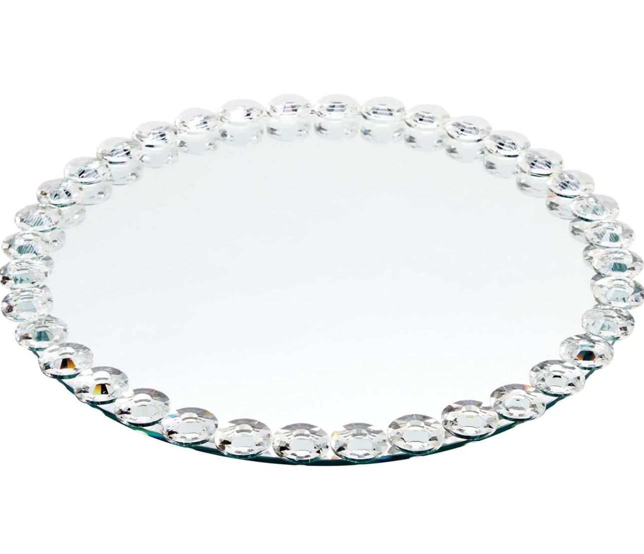Okuna Outpost 12 in Crystal Bead Round Mirror Tray to Display Perfume, Jewelry, Candles, Bling Serving Tray for Bathroom, Living Room, Office, Vanity,