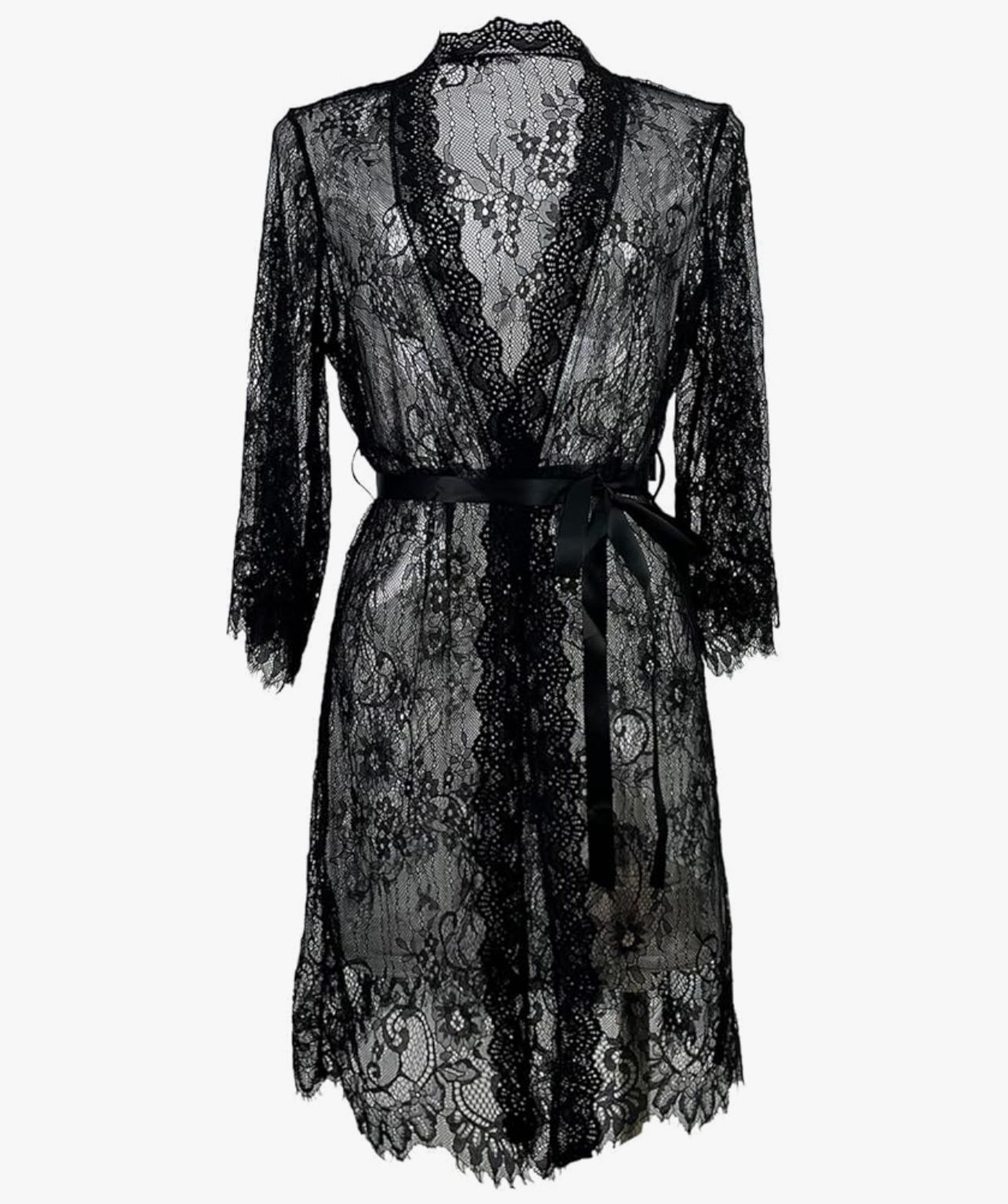 Plus Size 2X Women Sexy Sheer Lingerie Lace Mesh Robe Kimono See Through Longsleeve Nightgown Babydoll Sleepwear