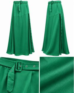 Emerald Green Satin Maxi Skirt With Belt & Side Slit SizeM