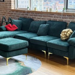 Emerald Green Velvet Sectional + Ottoman – Free Curbside Delivery