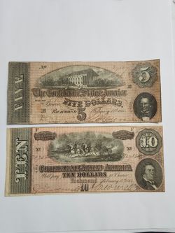 1864 U.S Confederate 5 & 10 Dollars Bills