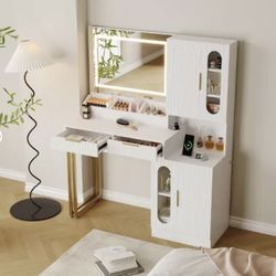 45” Large Makeup Vanity Desk with Mirror and Lights, Modern Fluted Vanity Table with Drawers, Cabinets & Charging Station, Wooden Dressing Table for B