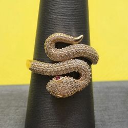 Gold Coiled Snake Ring with Diamond Pave and Ruby Eye