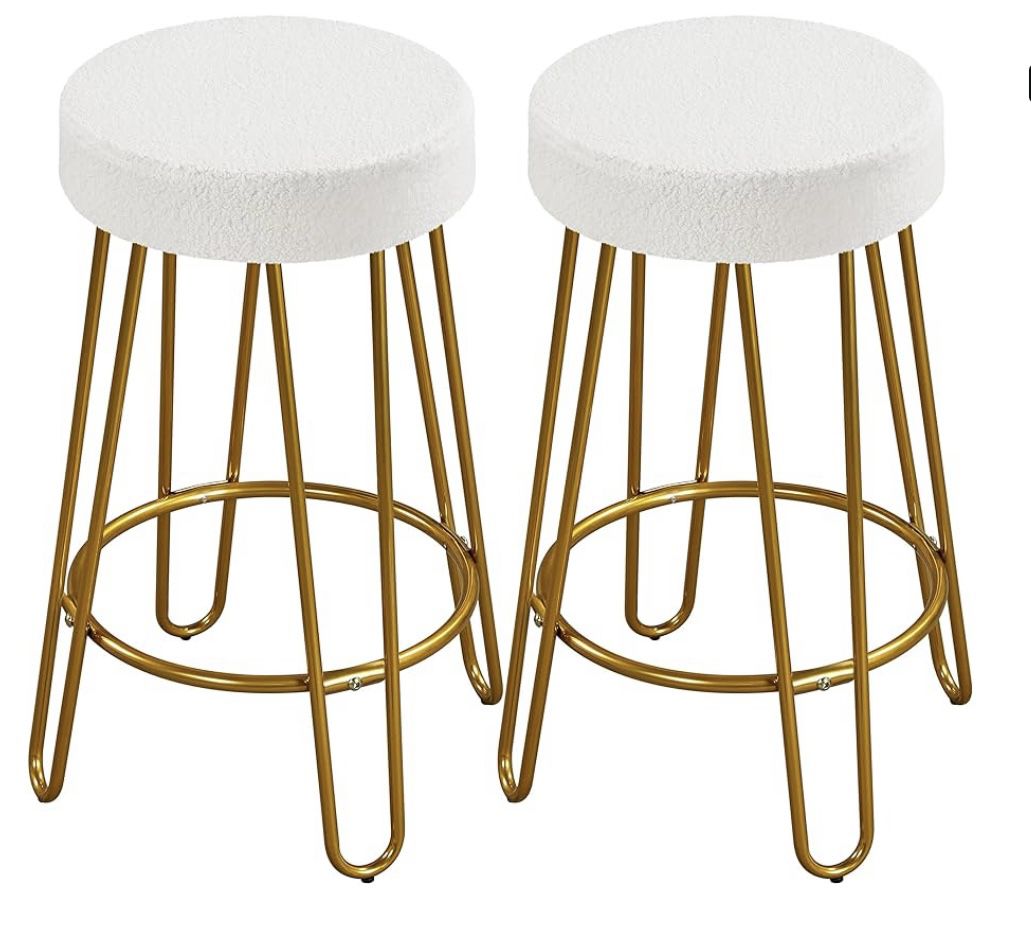 Bar Stools Set of 2 Round Kitchen Counter Stool with Golden Hairpin Legs Upholstered Velvet Seat for Kitchen/Dining Room Ivory, Set of 2 (Package 1)