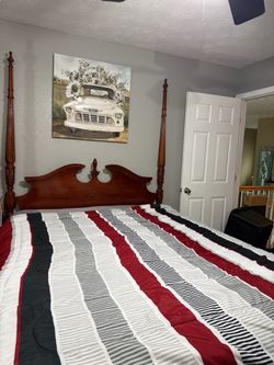 Queen Cherry Wood Bed with headboard and footboard. Long Dresser w Mirror